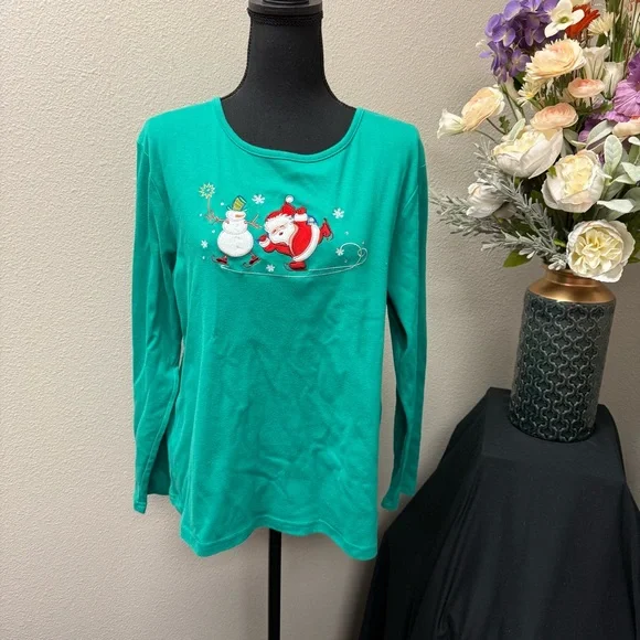 Rebecca Malone Green Santa Snowman Tee L | Christmas Holiday Winter Top - Picture 1 of 8